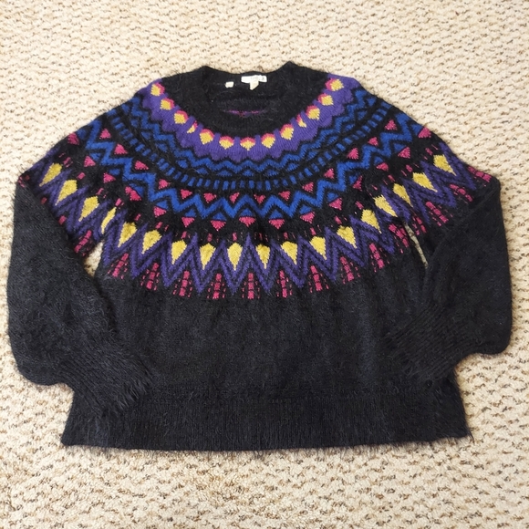 Sweaters - Time and Tru Med (8-10) Black Soot Combo Fuzzy Sweater Retro Colorful Fuzzy